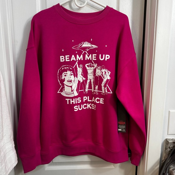Tops - Stranger Things "Beam Me Up, This Place Sucks" Sweatshirt, Size L, Pink -‎ NWT!!